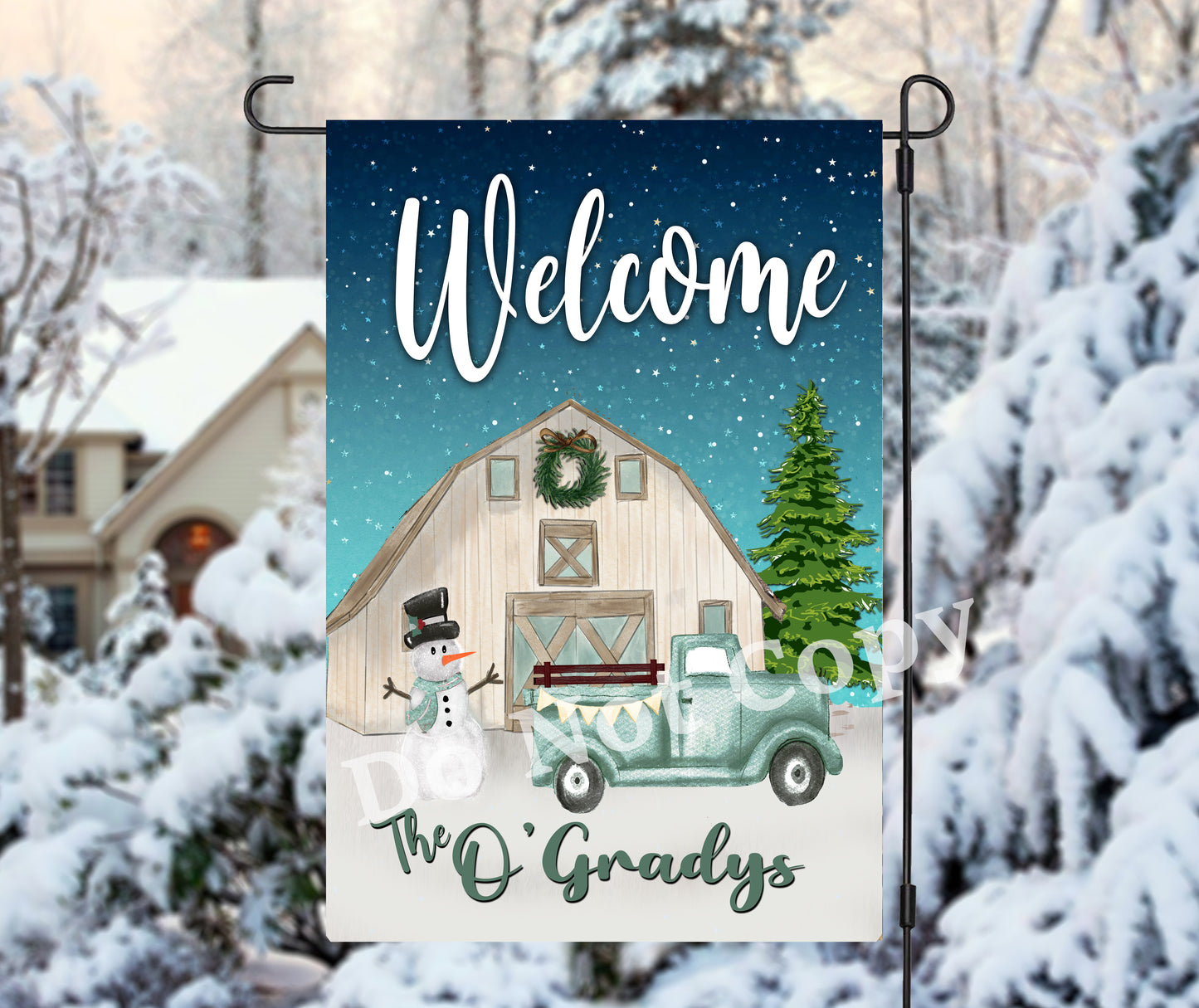 Garden Flag Christmas Winter - Turquoise truck winter scene