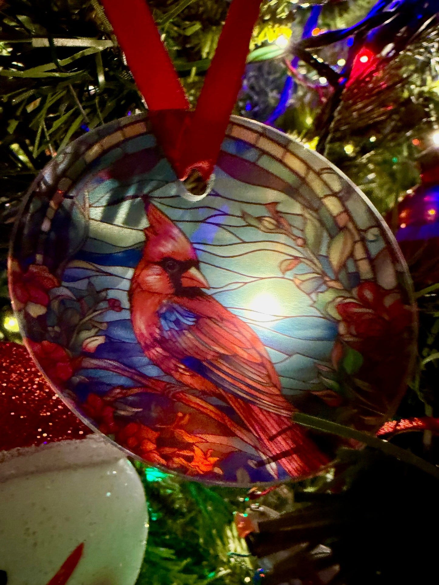 3" round glass Cardinal memorial ornament