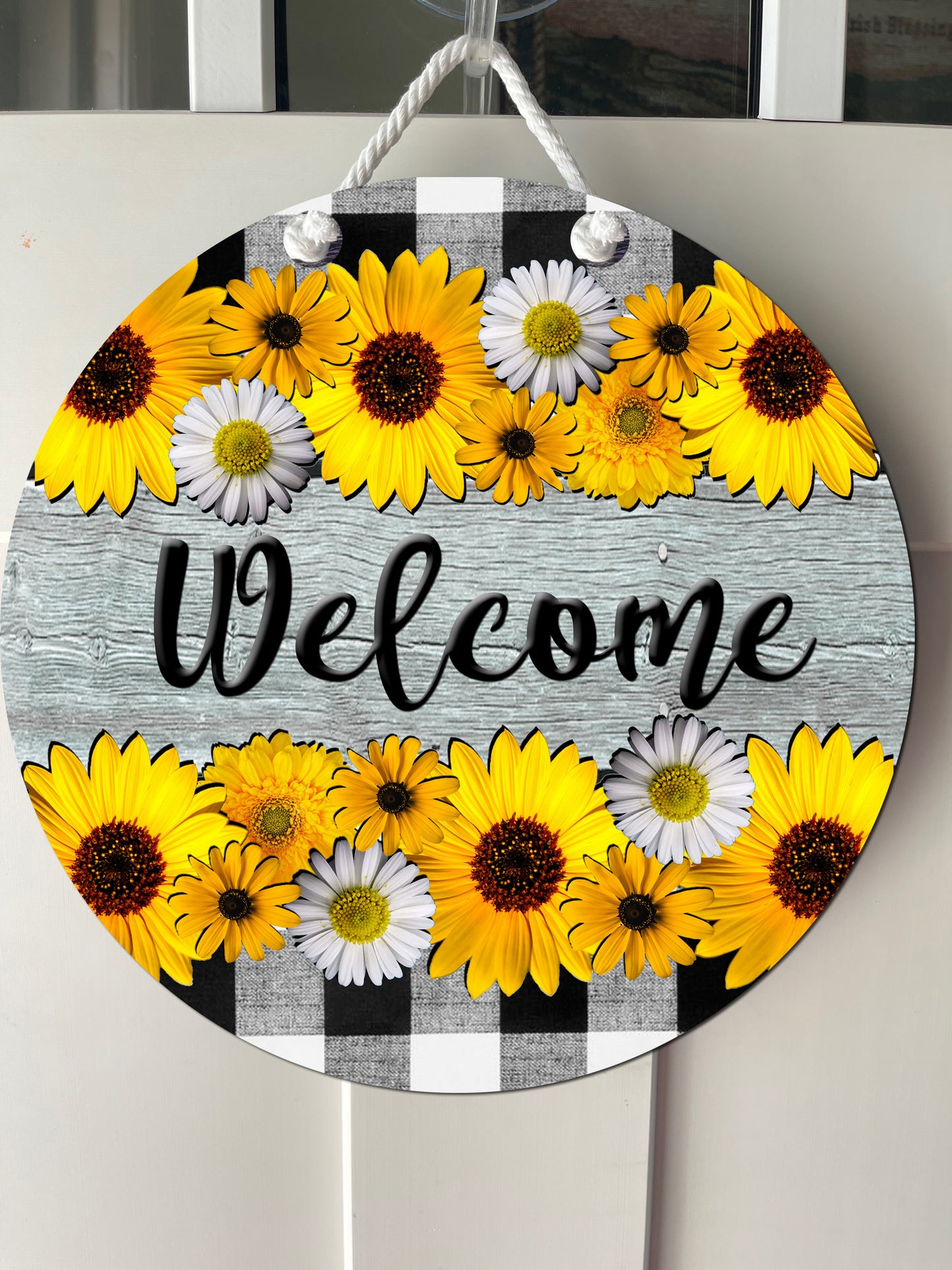 12" door hanger - Sunflower Buffalo Check Welcome