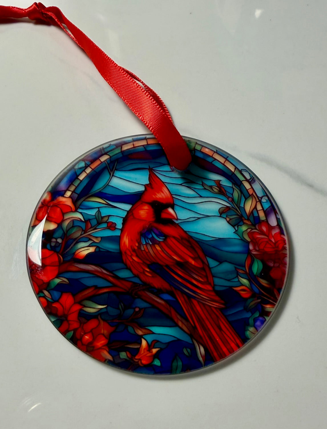 3" round glass Cardinal memorial ornament