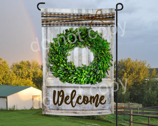 Garden Flag Rustic Boxwood Wreath welcome sign