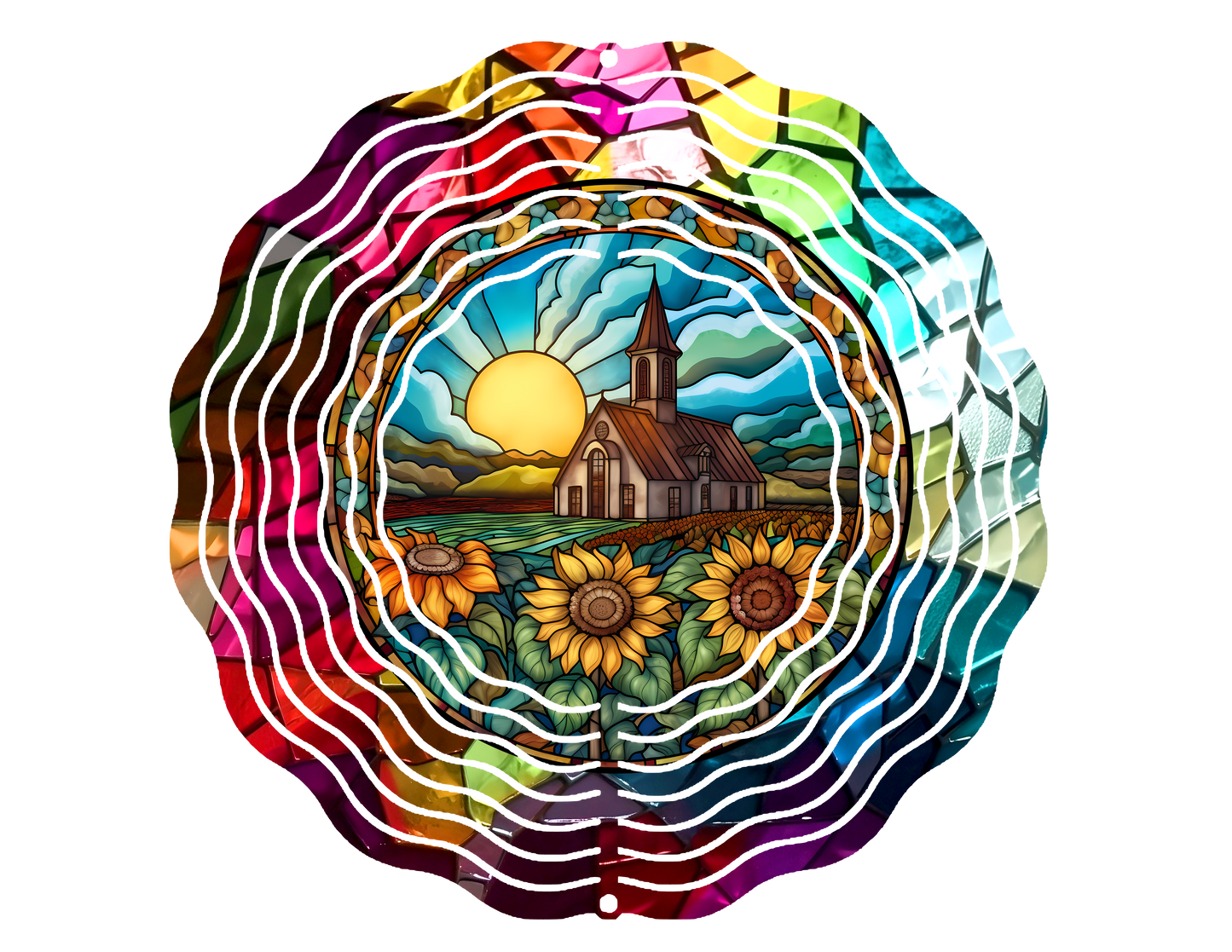 Wind Spinner Church with Sunflowers Stained Glass  ~ Outdoor decoration